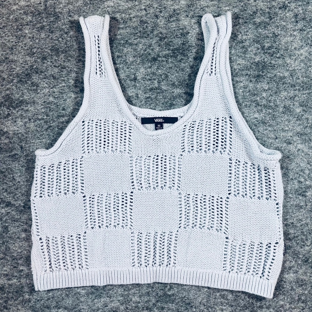 Vans Cropped Tank Top Womens XS Blue Knit Checkerboard Skater Festival Boho Y2K